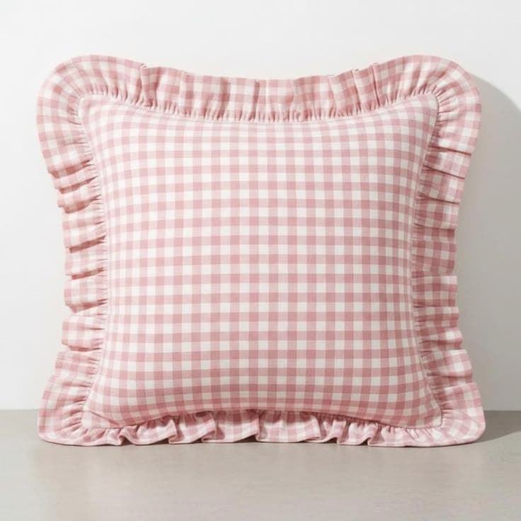 Pink gingham linen cushion with ruffled edge