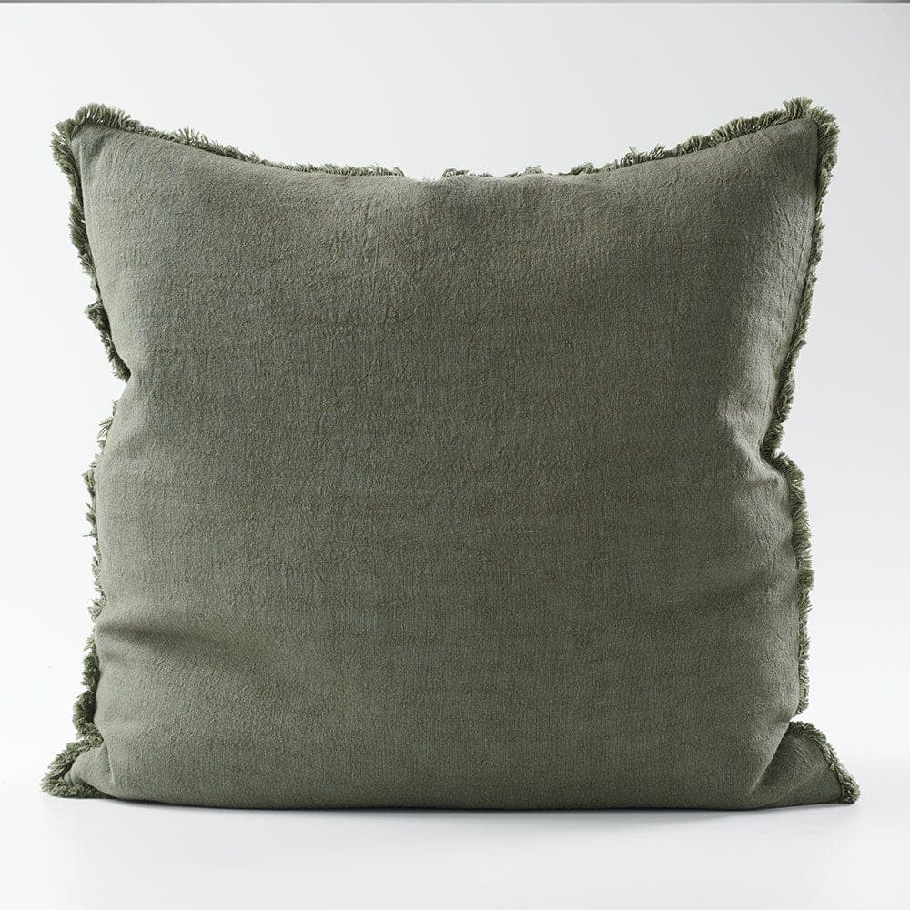 Sage green linen cushion cover with frayed edges