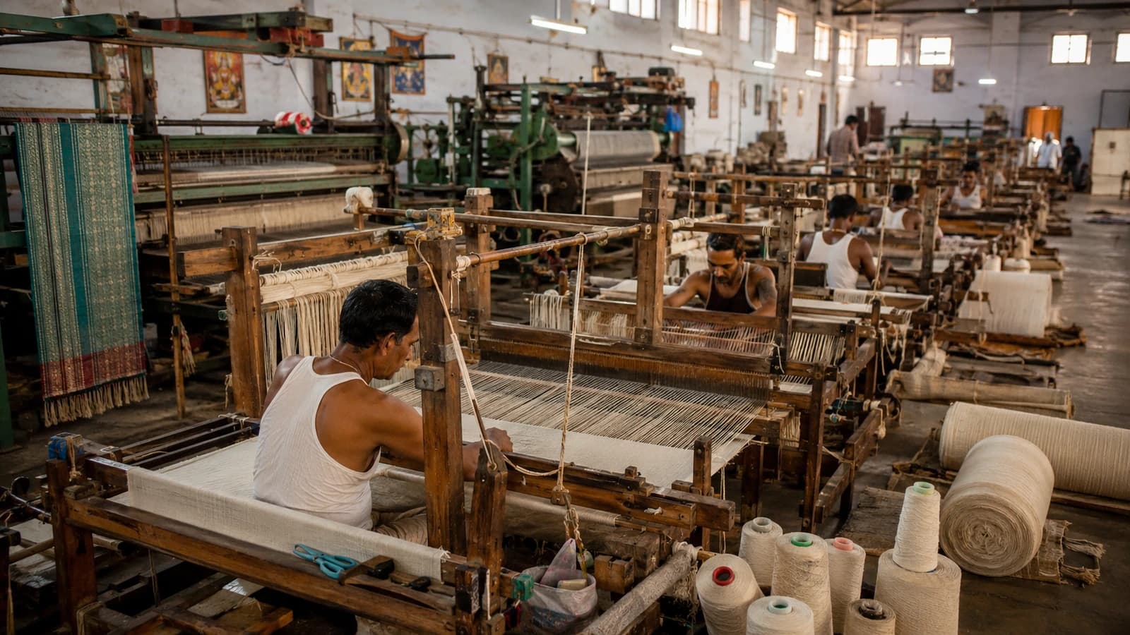 Weavers at handlooms in a Bhagalpur workshop