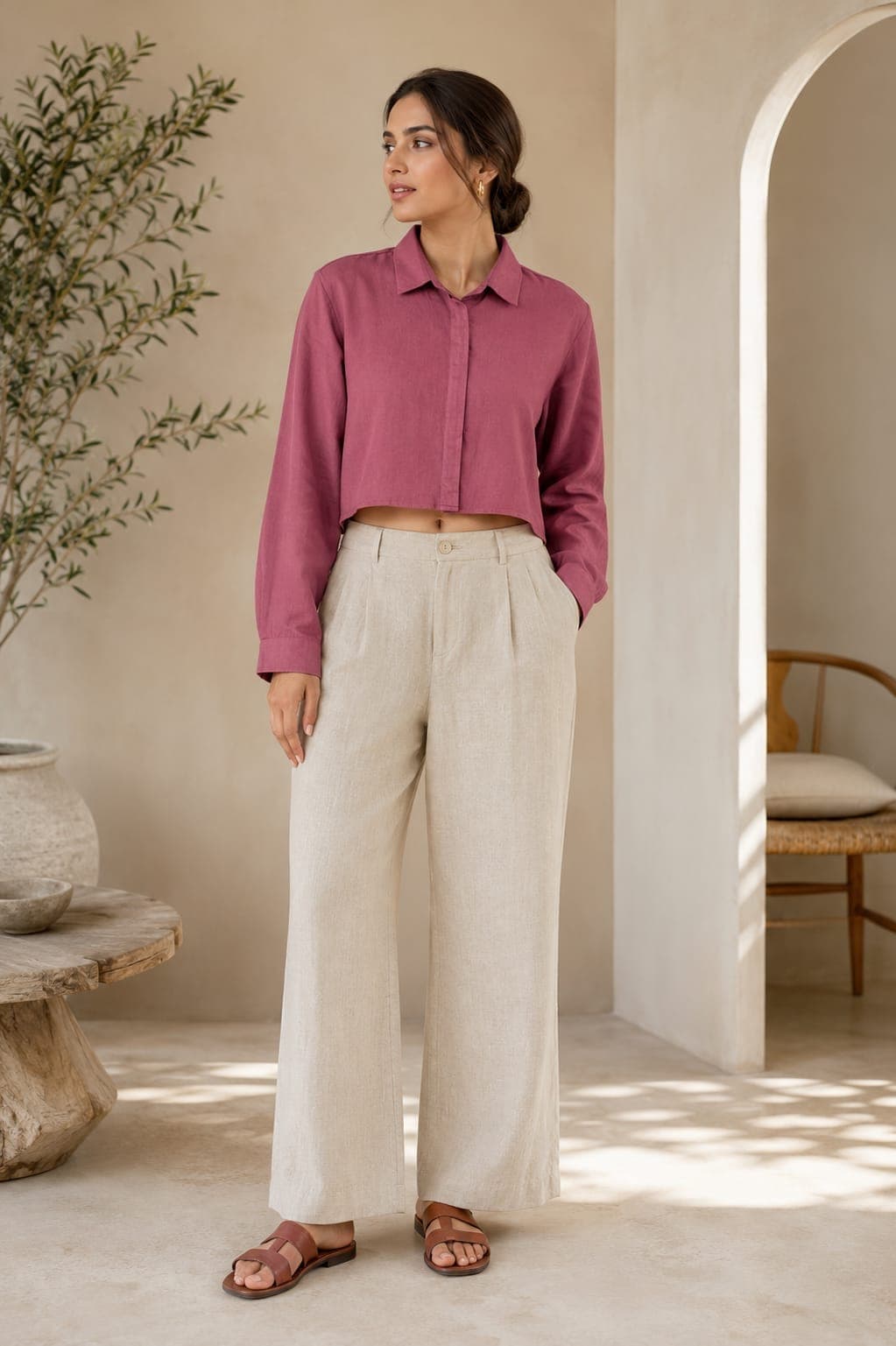 Mauve linen cropped shirt with oatmeal wide-leg trousers