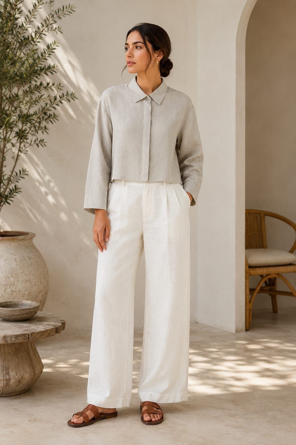 Oatmeal linen cropped shirt with white wide-leg trousers