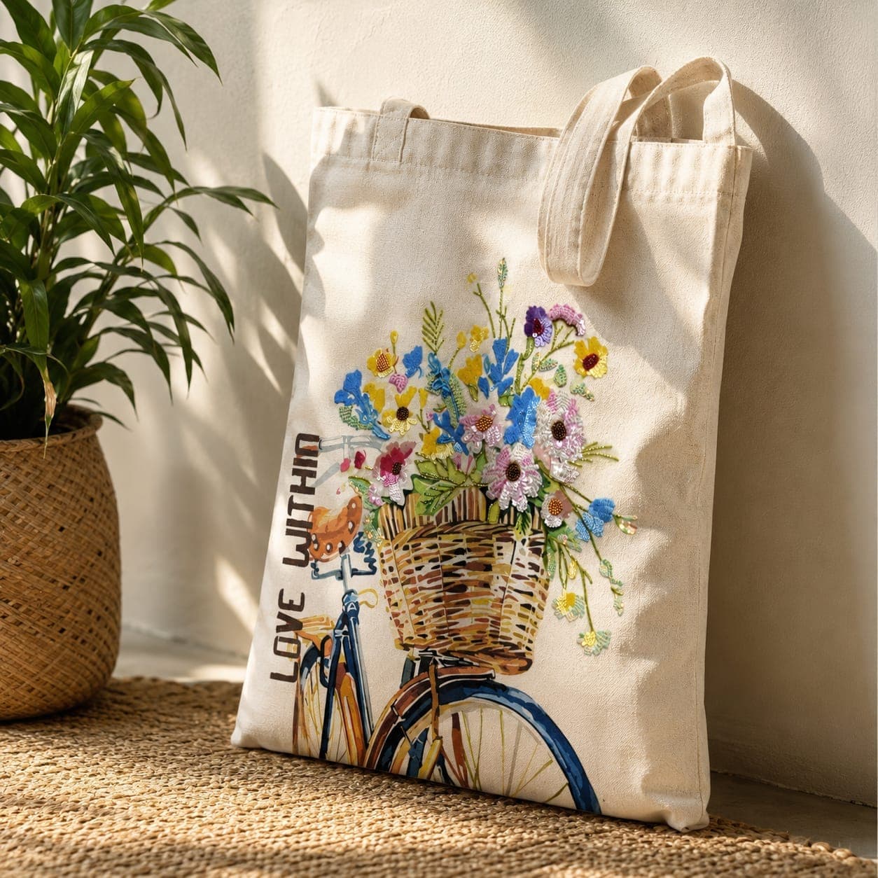 Cream linen tote with a Love Within bicycle and floral print