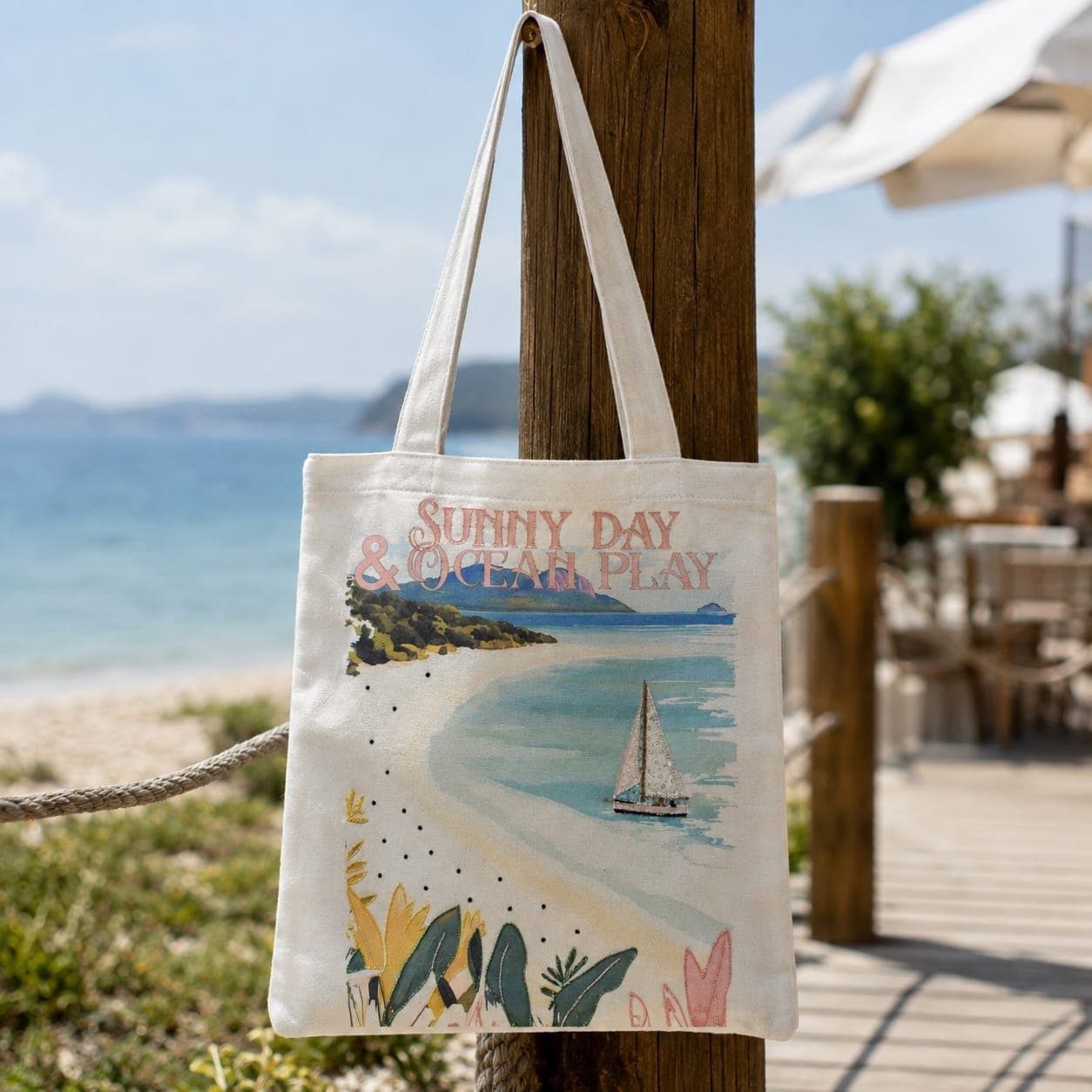Linen tote with a Sunny Day & Ocean Play print hanging by the beach