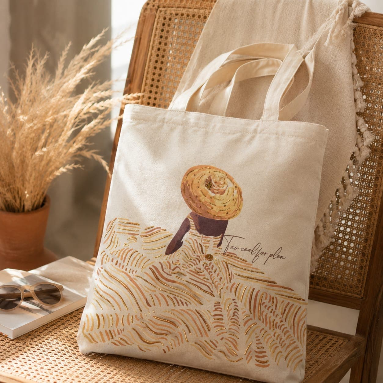 Off-white linen tote with an illustrated figure, styled on a cane chair