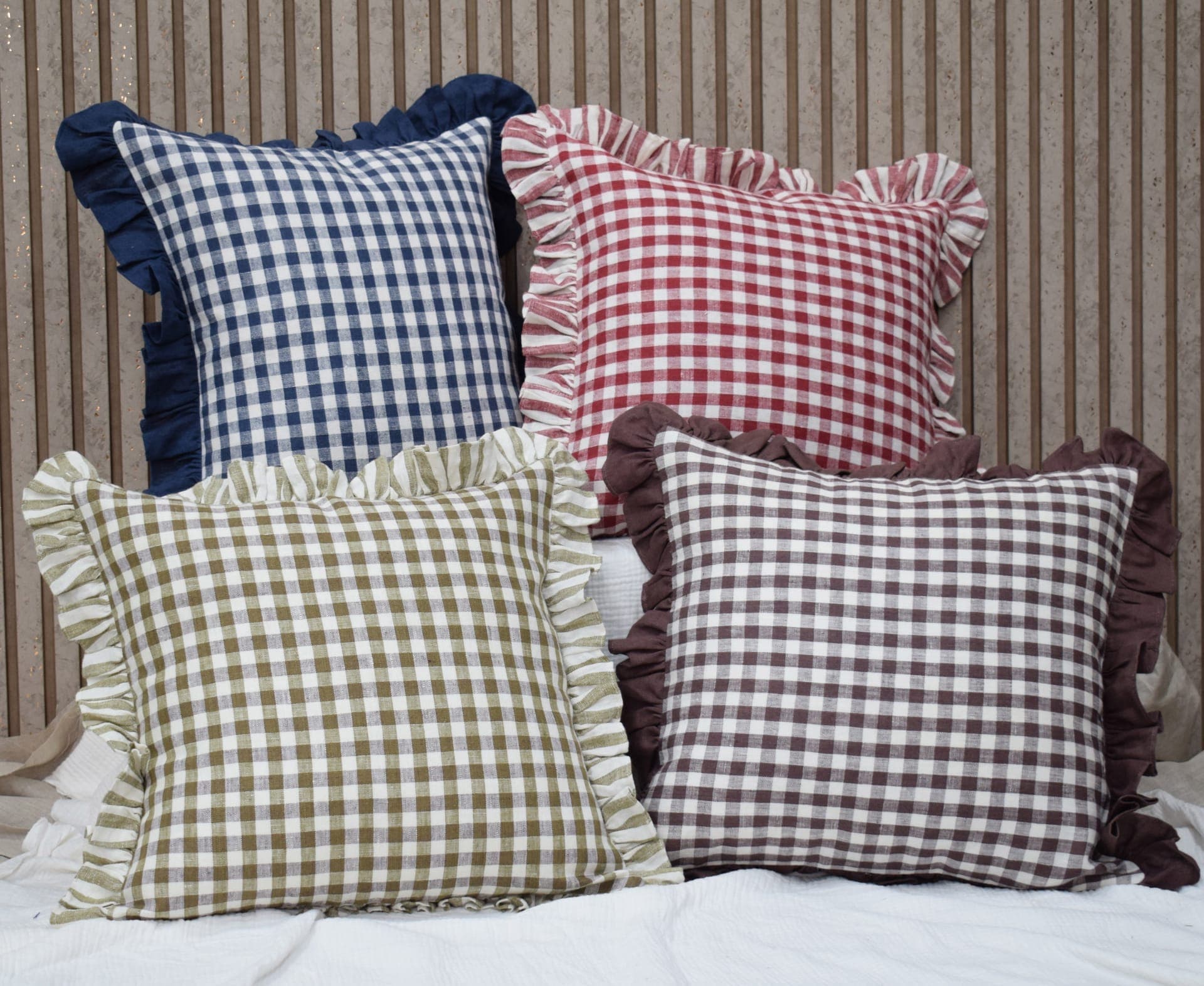 Gingham linen cushions in navy, red, olive and chocolate