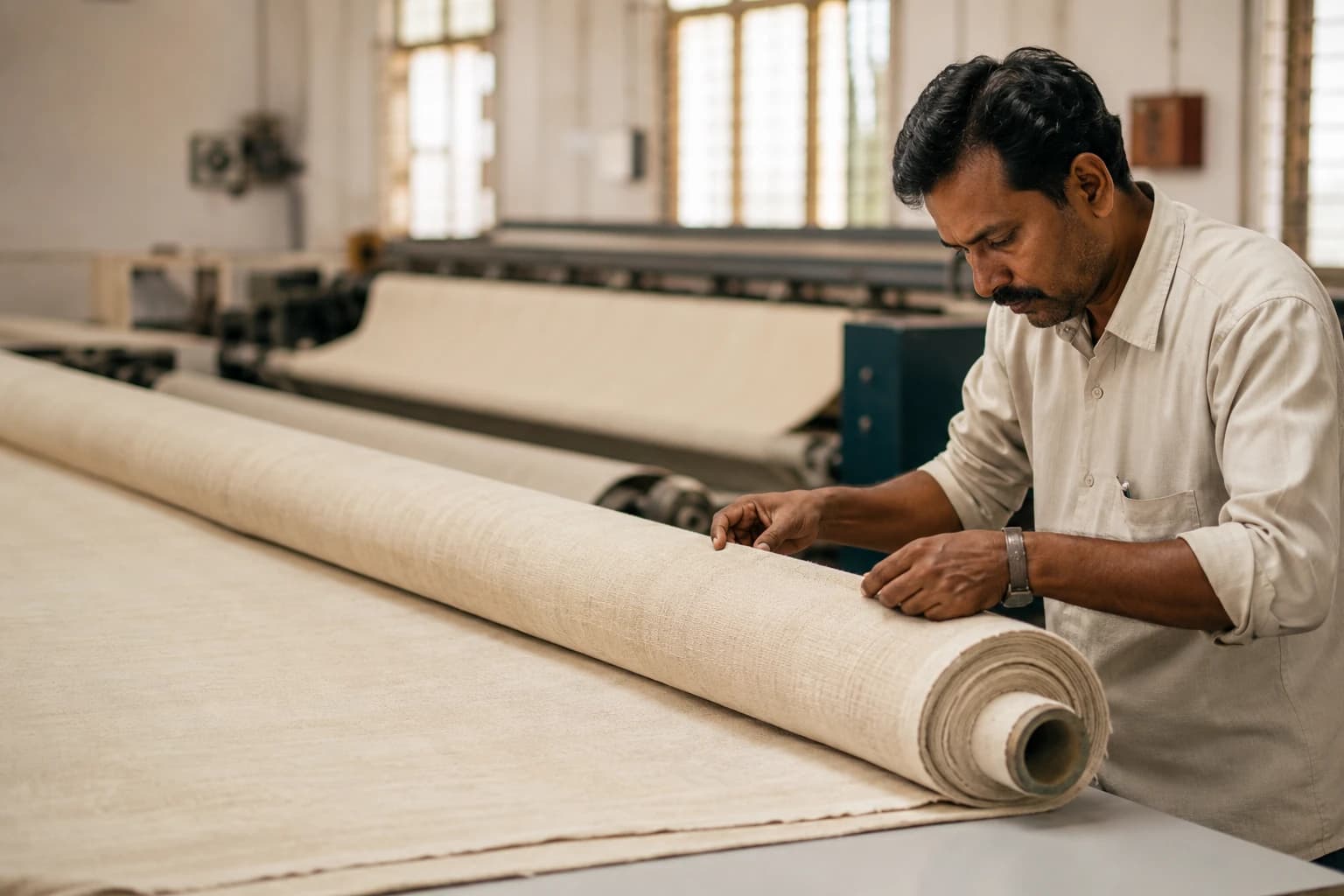 Textile worker inspecting natural-fibre fabric for quality