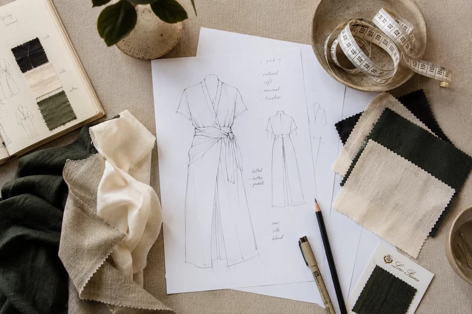 Flat-lay of garment sketches and natural fabric swatches