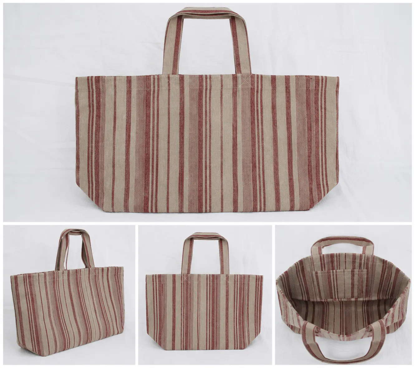 100% Linen Large Tote Bag Natural Beige Black Red Vertical Striped Shopping Bag