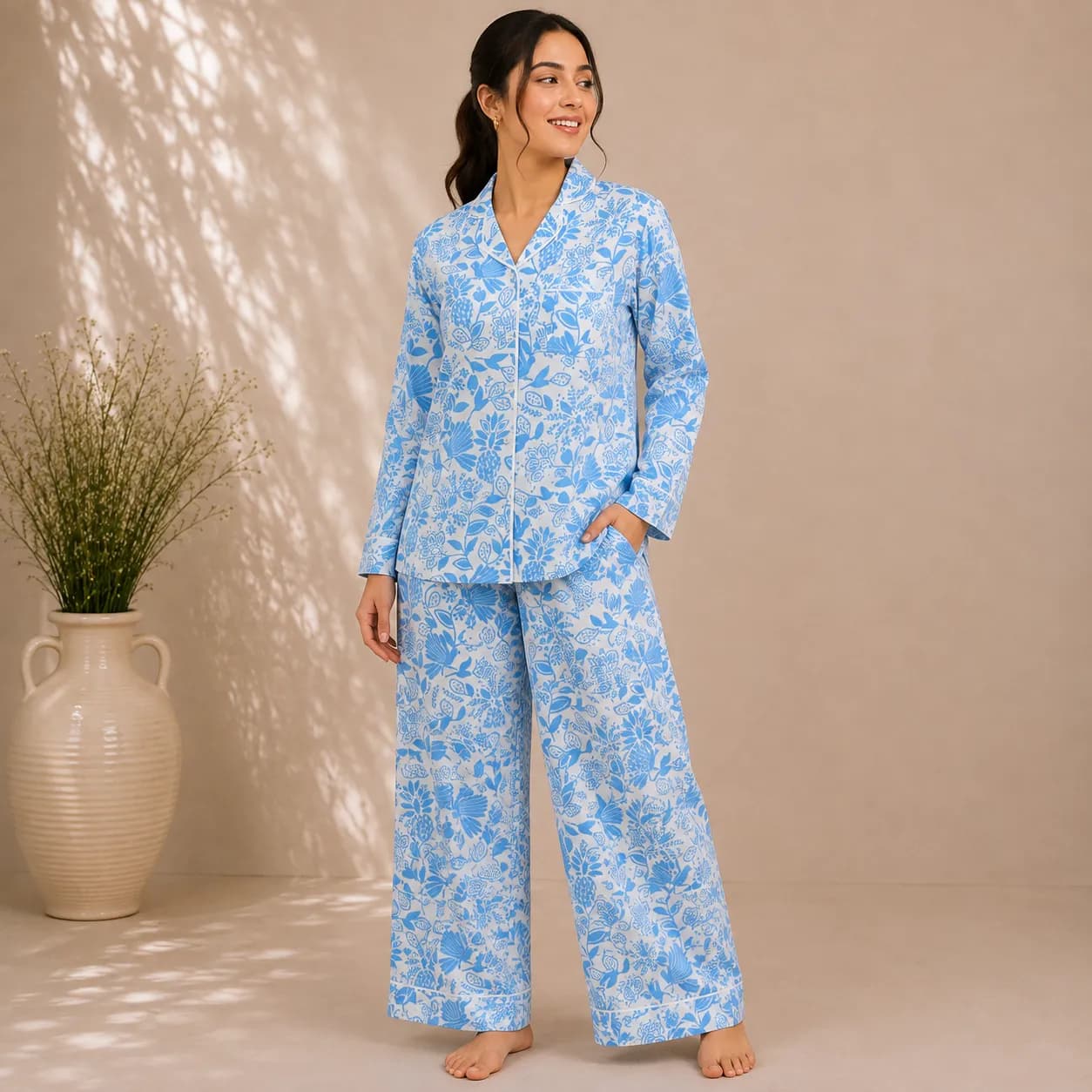 Women’s Cotton Luxury Printed Pajama Set | Blue Floral Long Sleeve Shirt & Relaxed Fit Pants