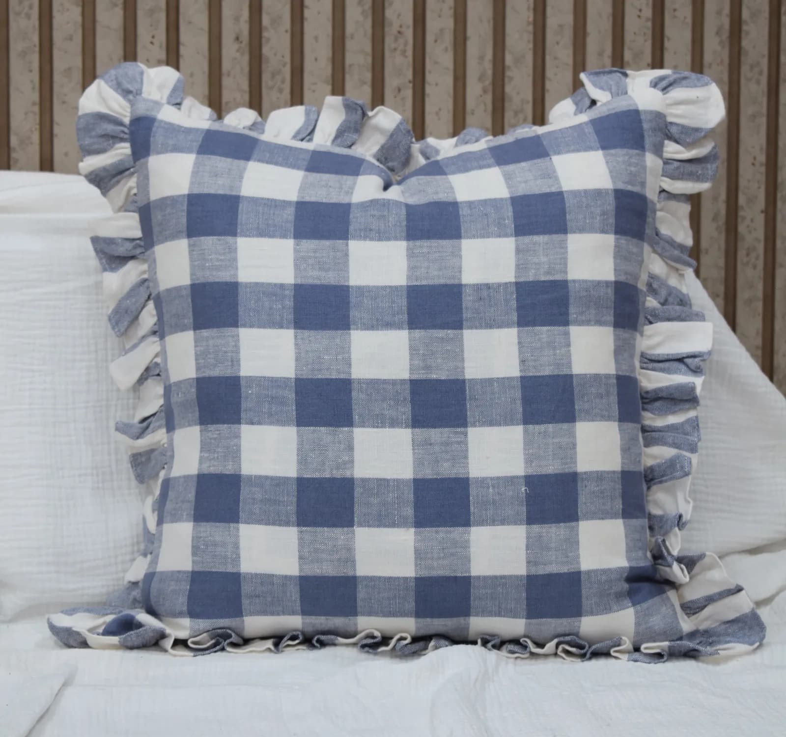 100% Linen Blue Gingham Check with Ruffle Edge Square Cushion Cover