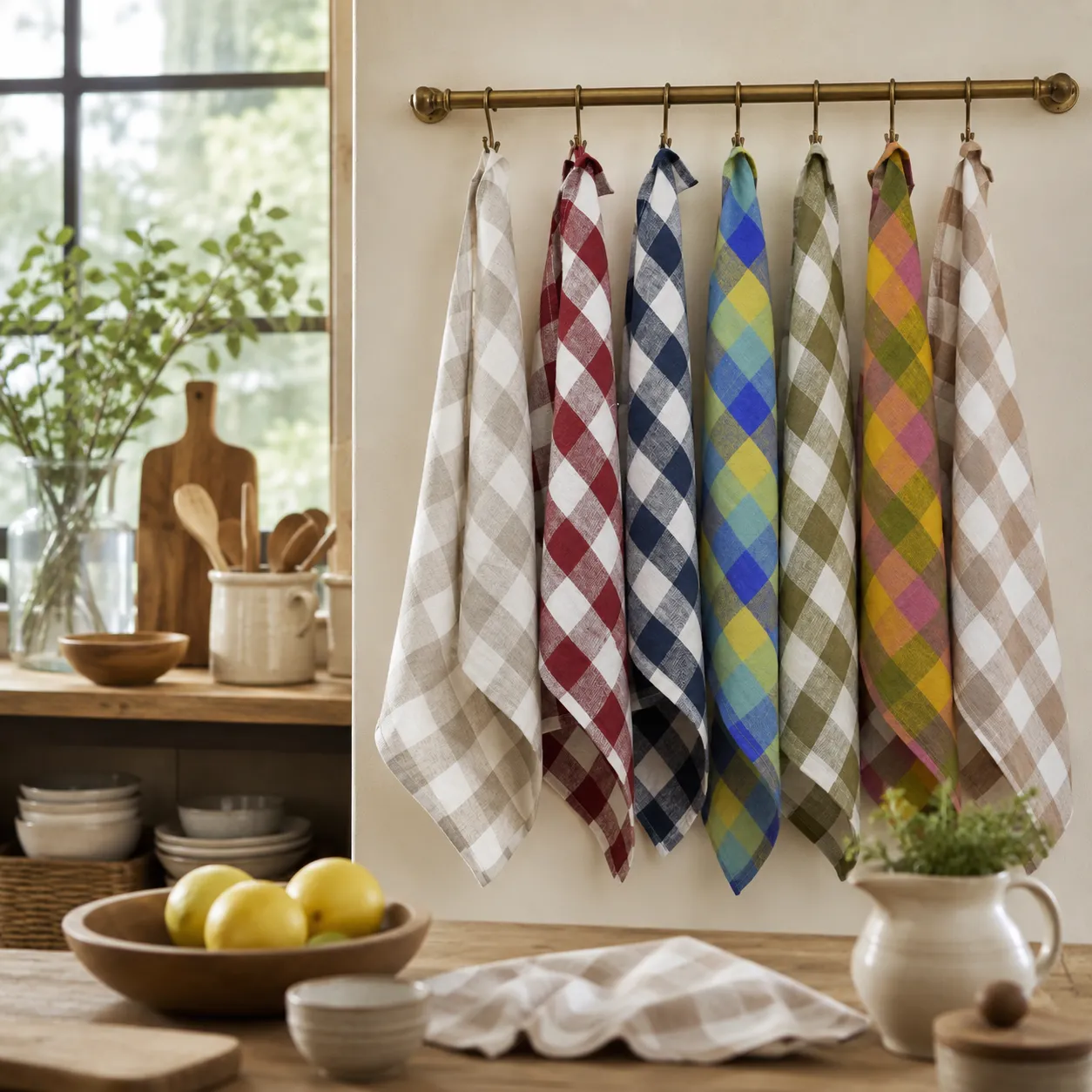 100% Linen Gingham Kitchen Tea Towels Set – Reusable Hanging Dish Towels