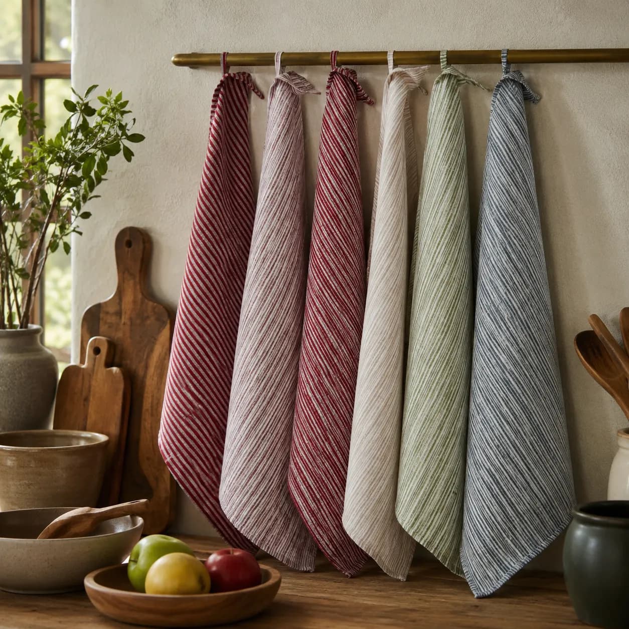 100% Linen Striped Kitchen Tea Towels with Hanging Loop – Reusable Dish Towels