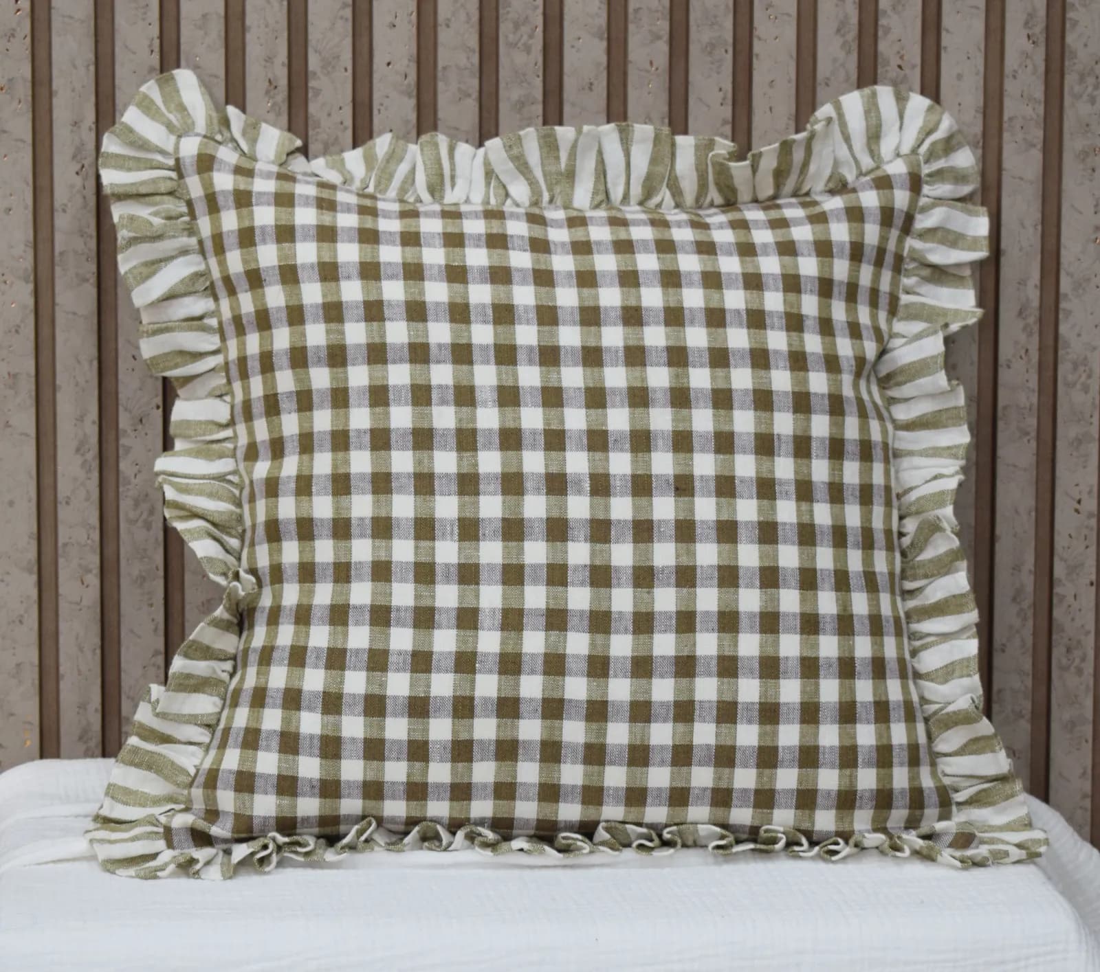100% Linen Gingham Check Ruffle Edge Square Cushion Cover