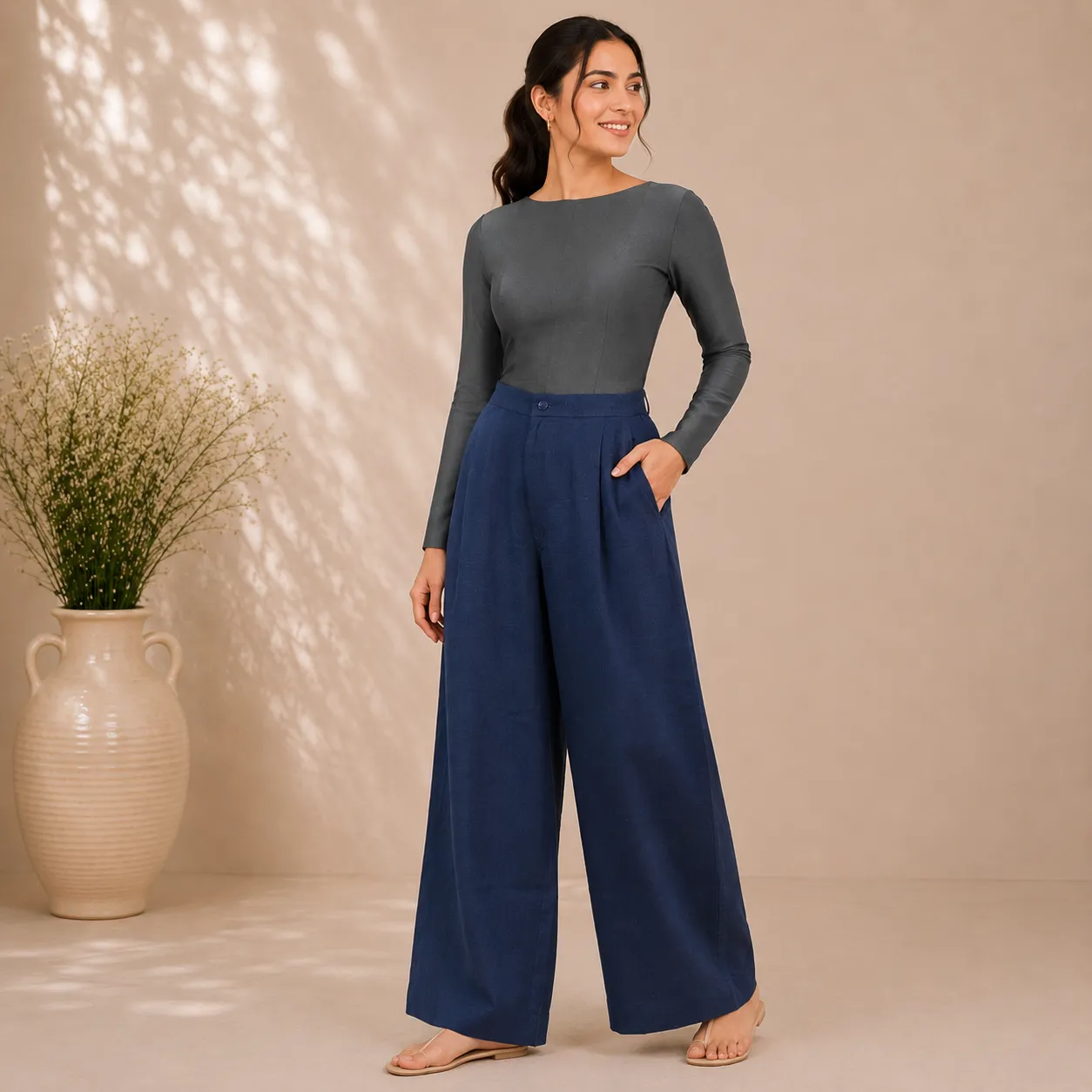 Women’s 100% Pure Linen Wide Leg Trousers | Relaxed Fit High Waist Linen Pants with Pockets