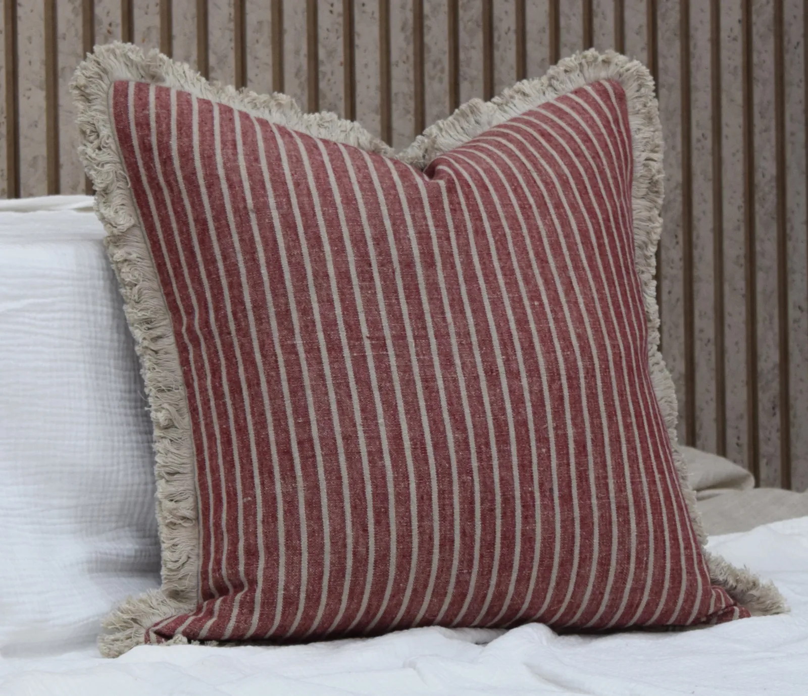 Premium 100% Linen Striped Cushion Cover with Natural Fringe Border