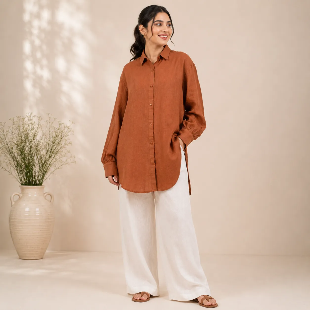 Women’s 100% Linen Long Shirt | Premium Relaxed Fit Button Down Shirt with Gathered Sleeves