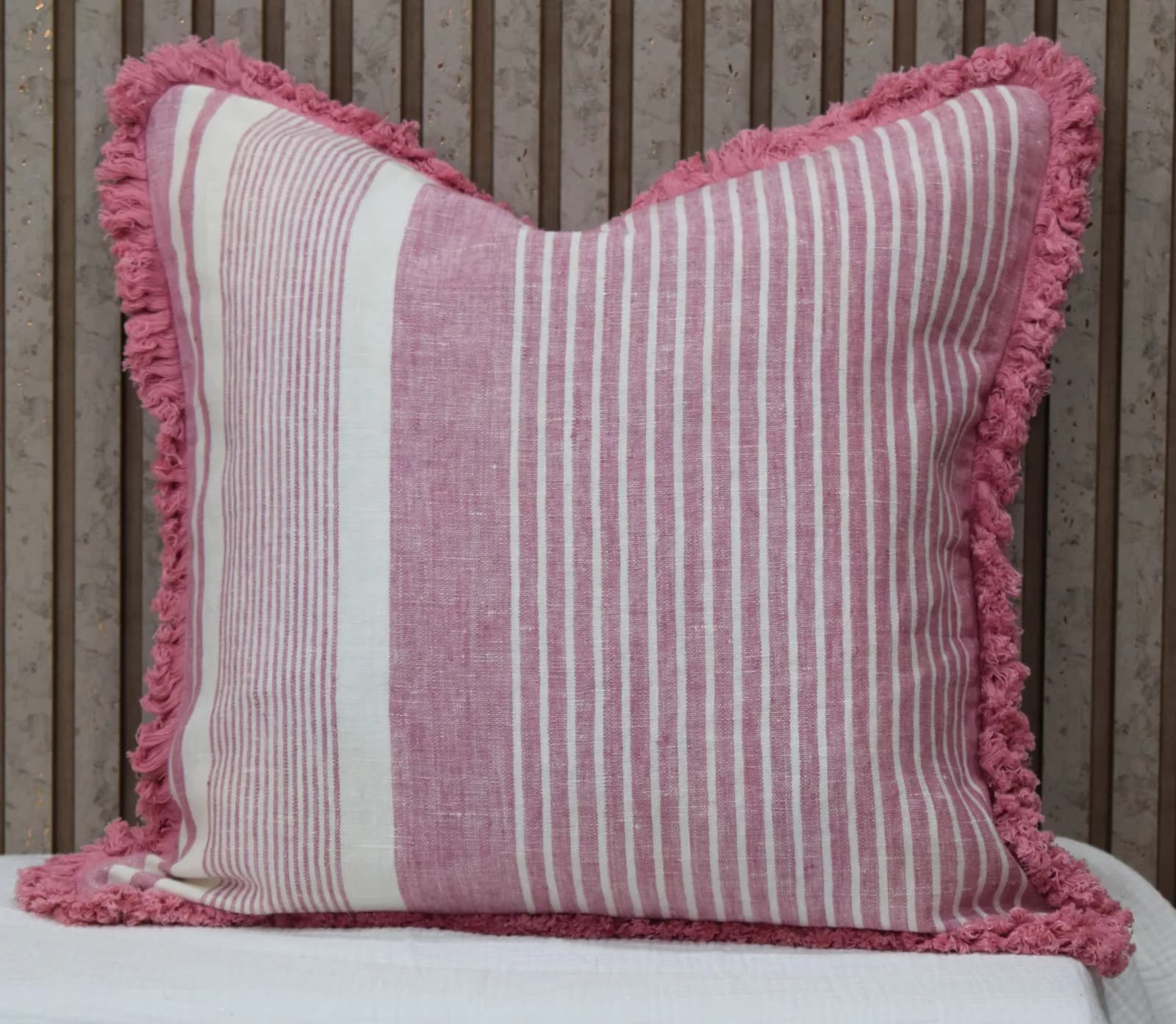 Premium 100% Linen Pink Striped Cushion Cover with Fringe Border