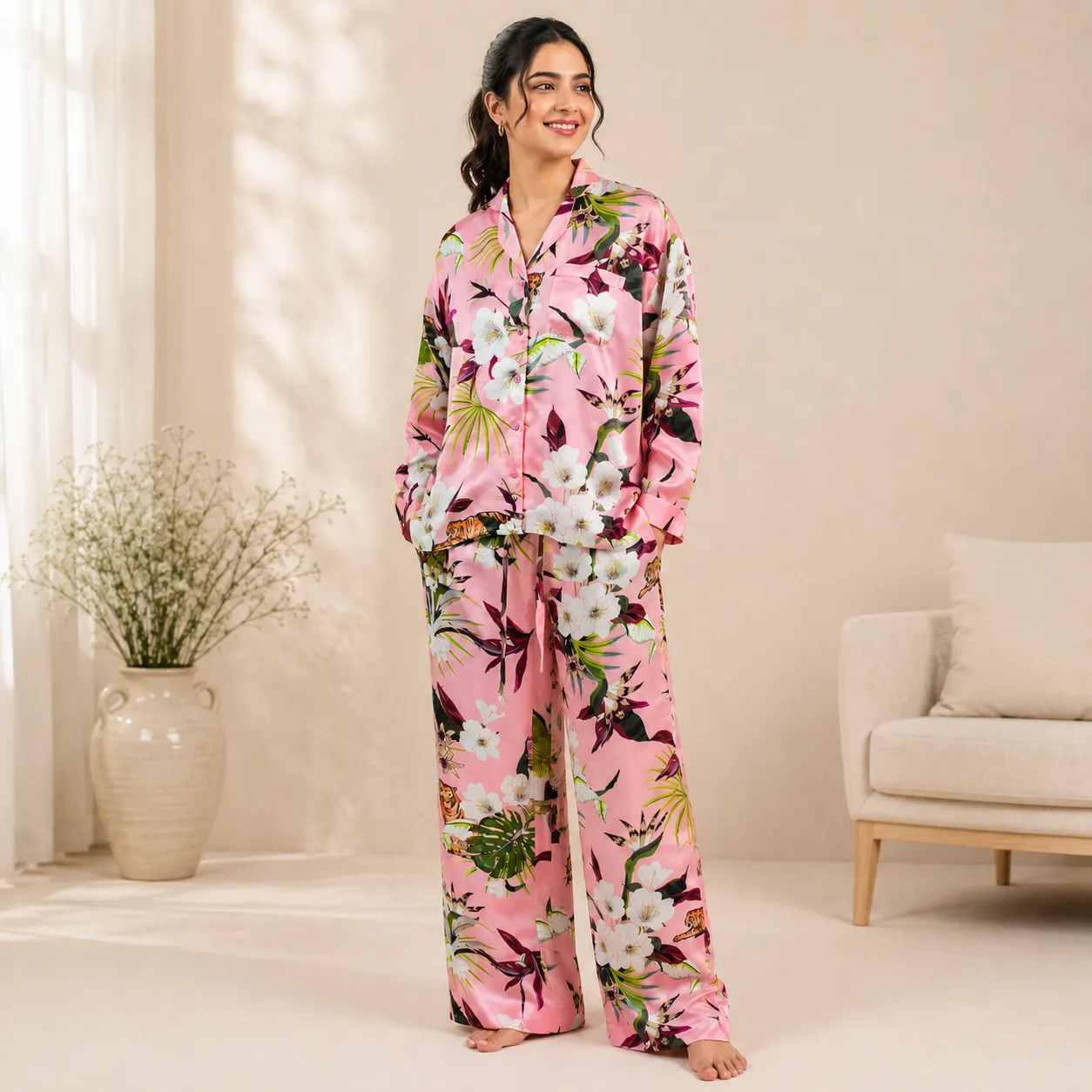 Women’s 100% Silk Luxury Pajama Set | Tropical Floral Print Silk Sleepwear Lounge Set