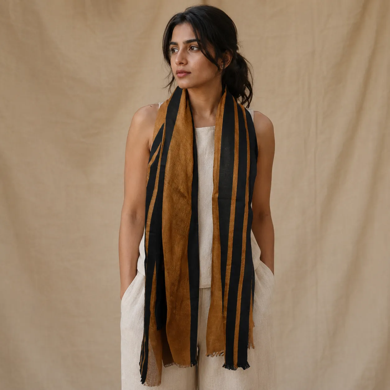 100% Linen Black & Caramel Brown Striped Scarf for Women Lightweight Fringed Wrap