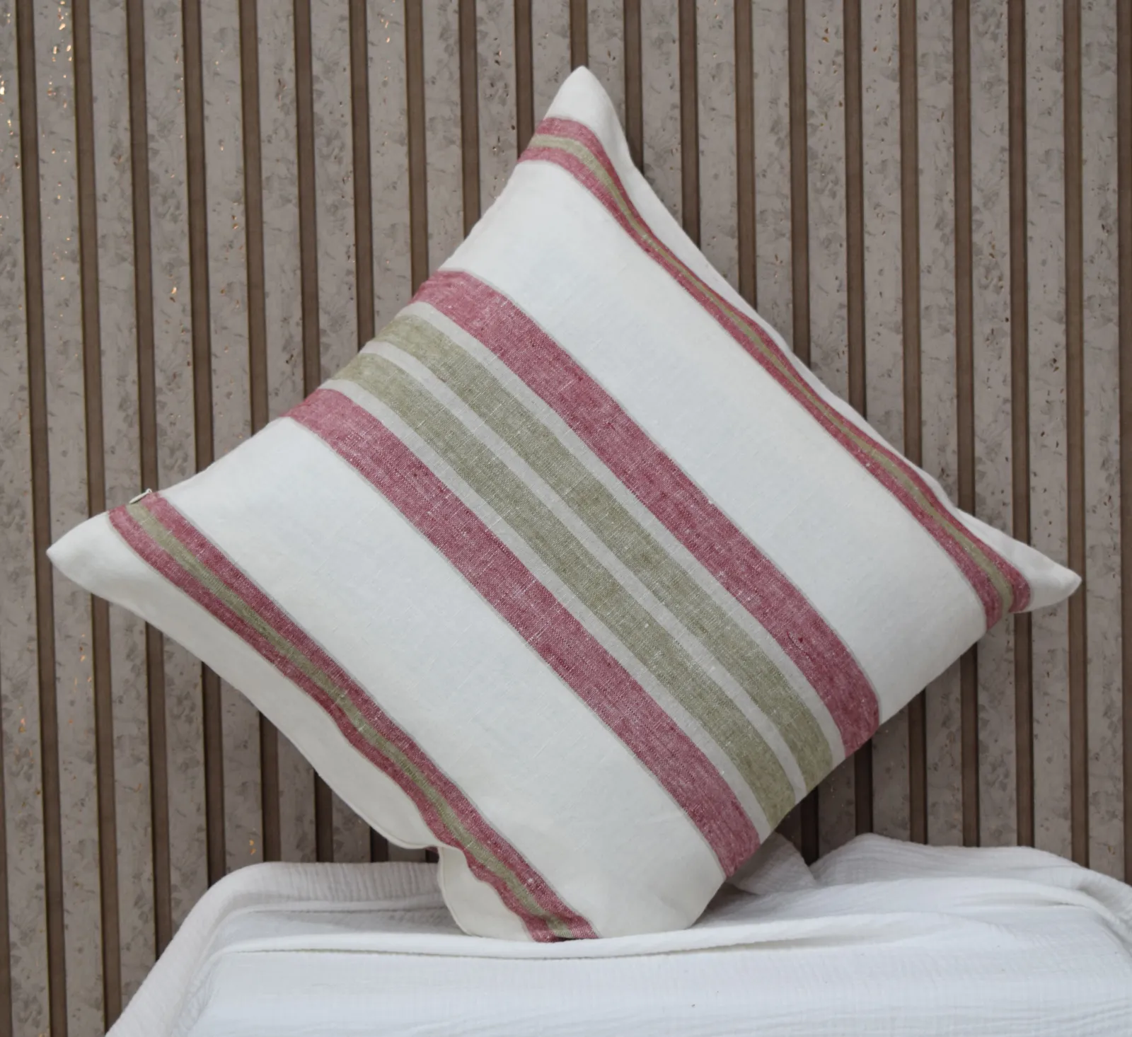 100% Linen Striped Cushion Cover in White with Pink & Sage Green Accents