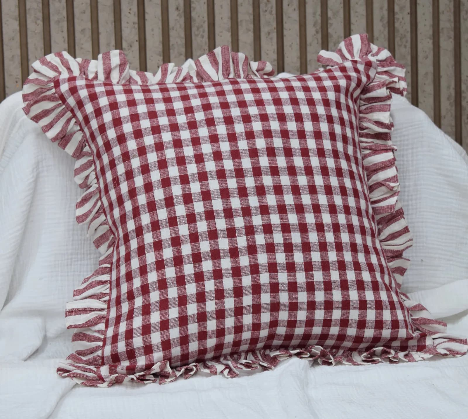 Premium Linen Gingham Check Ruffle Edge Square Cushion Cover