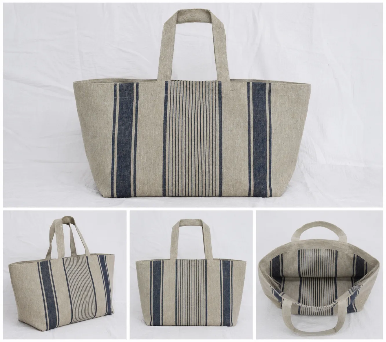 100% Linen Large Striped Tote Bag with Long Handles Natural Beige Navy Blue