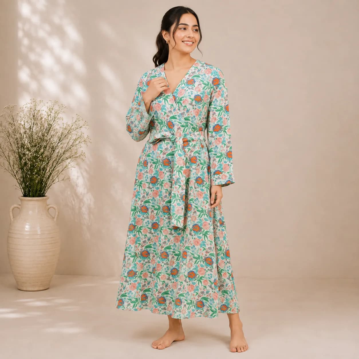 Women’s 100% Linen Wrap Kimono Dress | Floral Printed Long Robe with Tie Waist