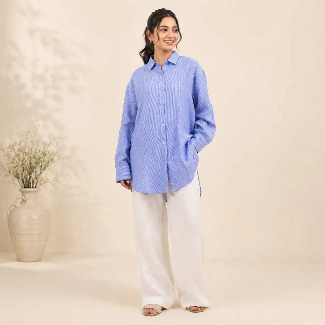 Women’s 100% Linen Long Shirt | Relaxed Fit Striped Button Down Shirt
